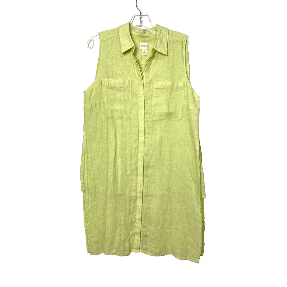 Chico's Button Up Linen Tunic Shirt Size 1 Green Sleeveless Longline Slit Beach